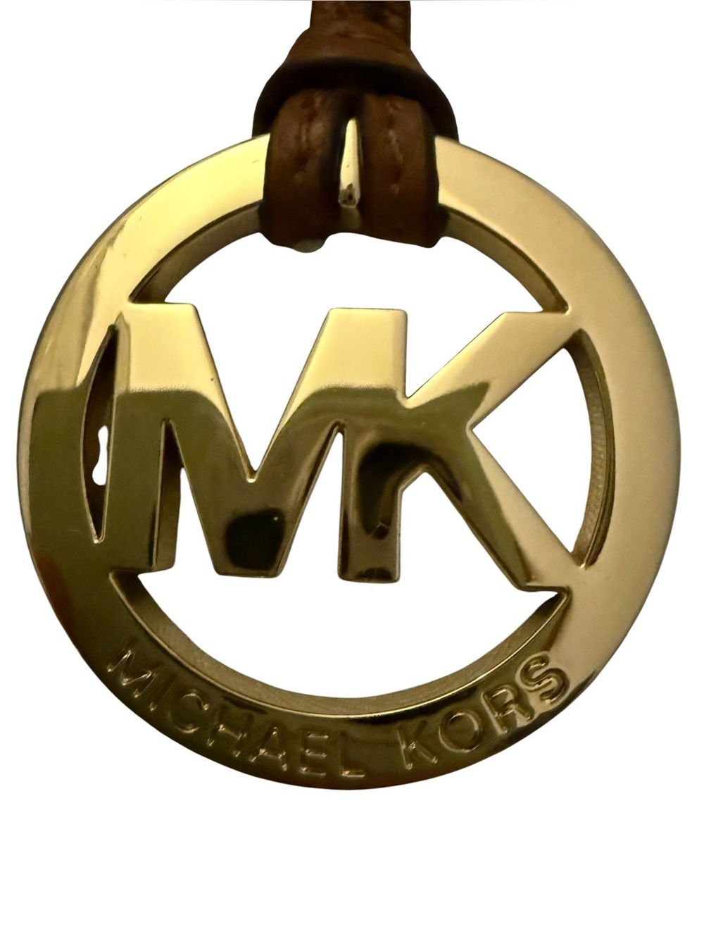 MICHAEL KORS women’s Gold-Tone MK Circle Logo Charm with Brown Strap bag charm - Picture 2 of 8